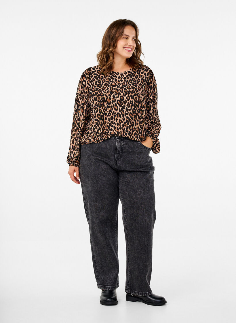 Blouse met lange mouwen en luipaardprint, Bruin, Model image number 1