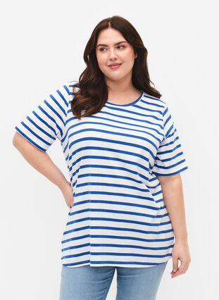 Gestreept T-shirt van biologisch katoen, Blue Stripes, Model image number 0