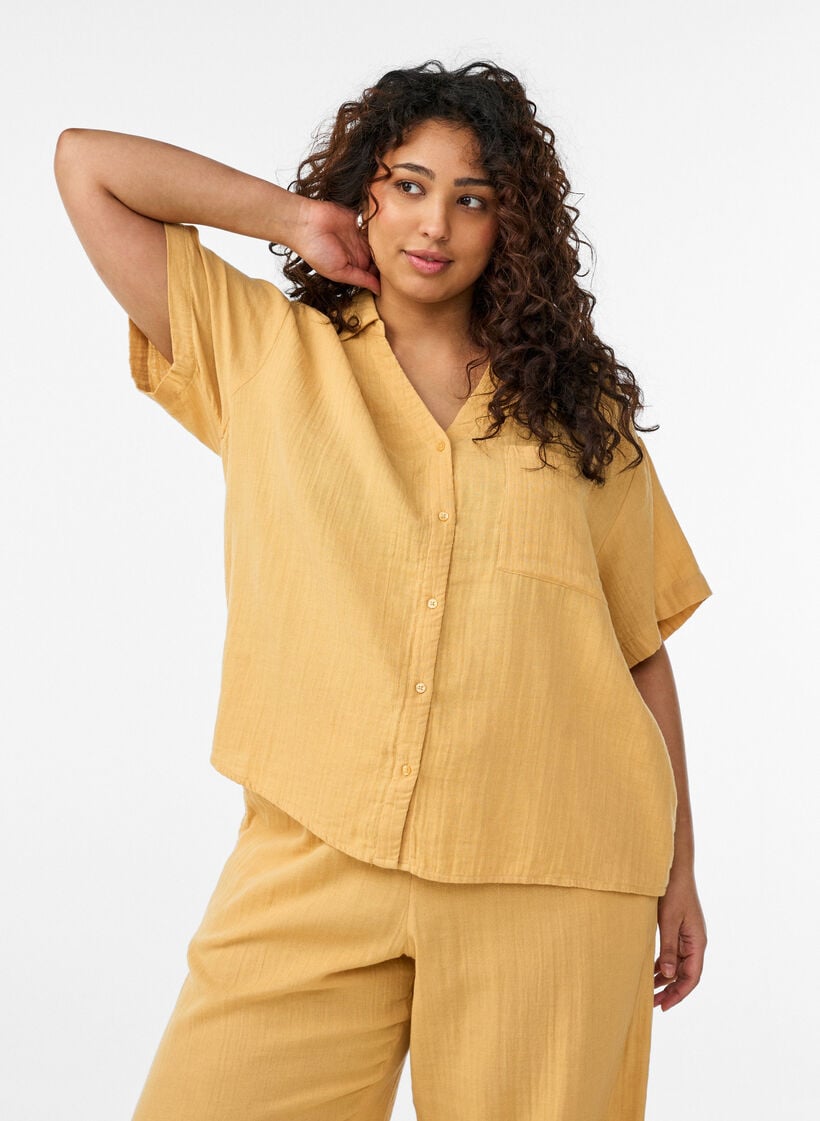 Katoenen mousseline blouse met korte mouwen, Geel, Model image number 0