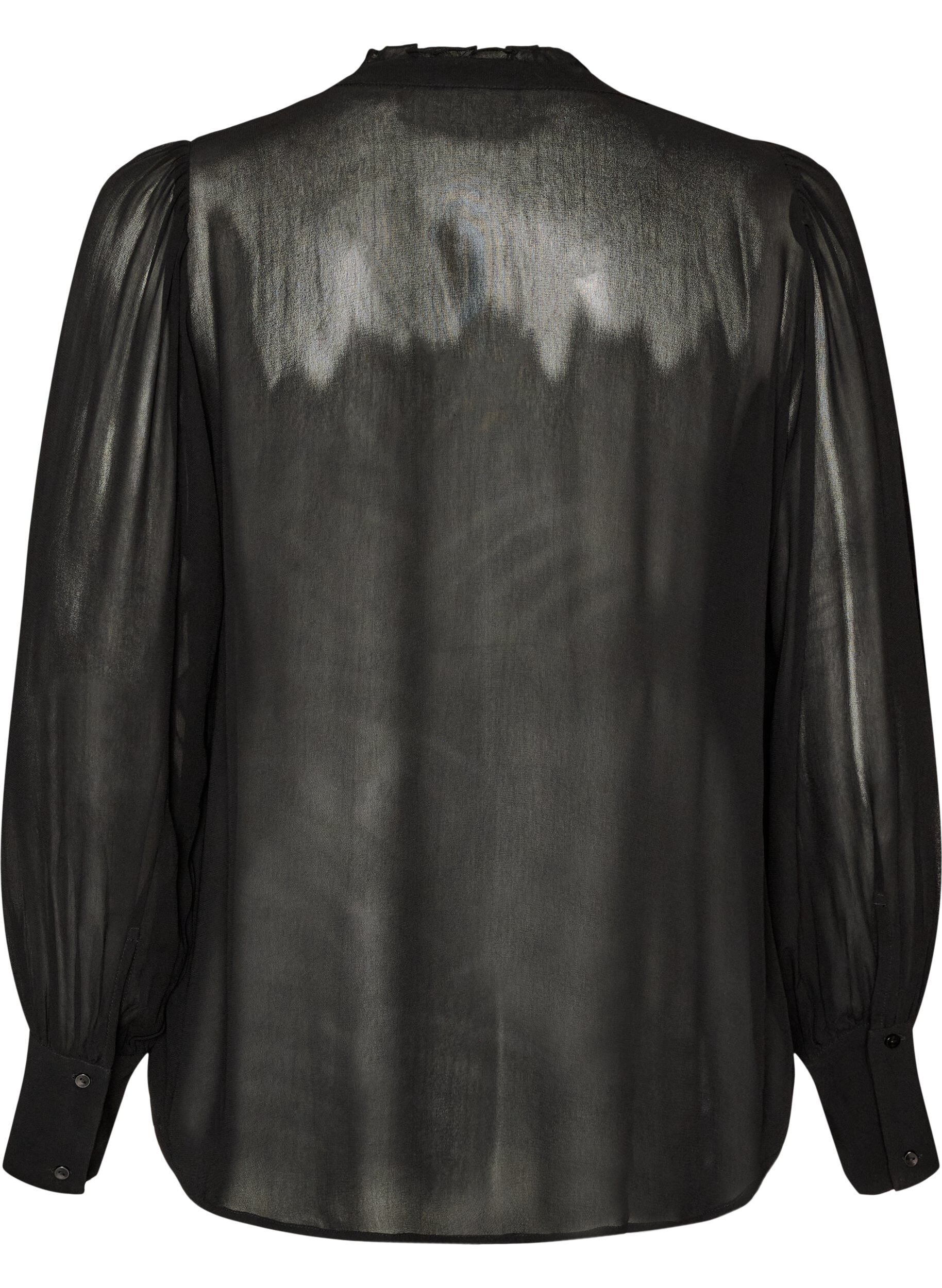 ZizziViscose blouse met een ruchekraag, Zwart, Packshot image number 1