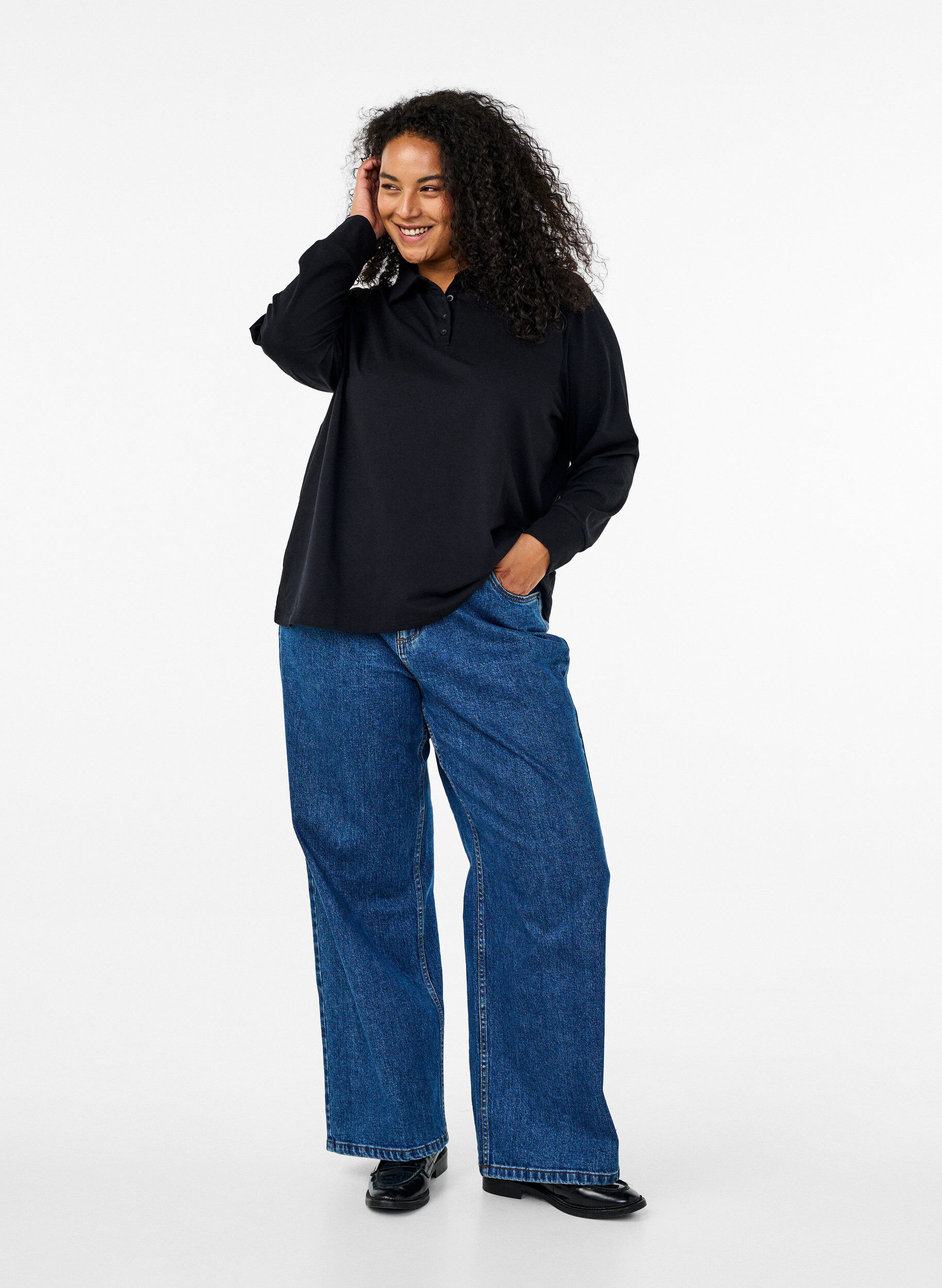 Zizzi Polo met lange mouwen, Zwart, Model image number 1