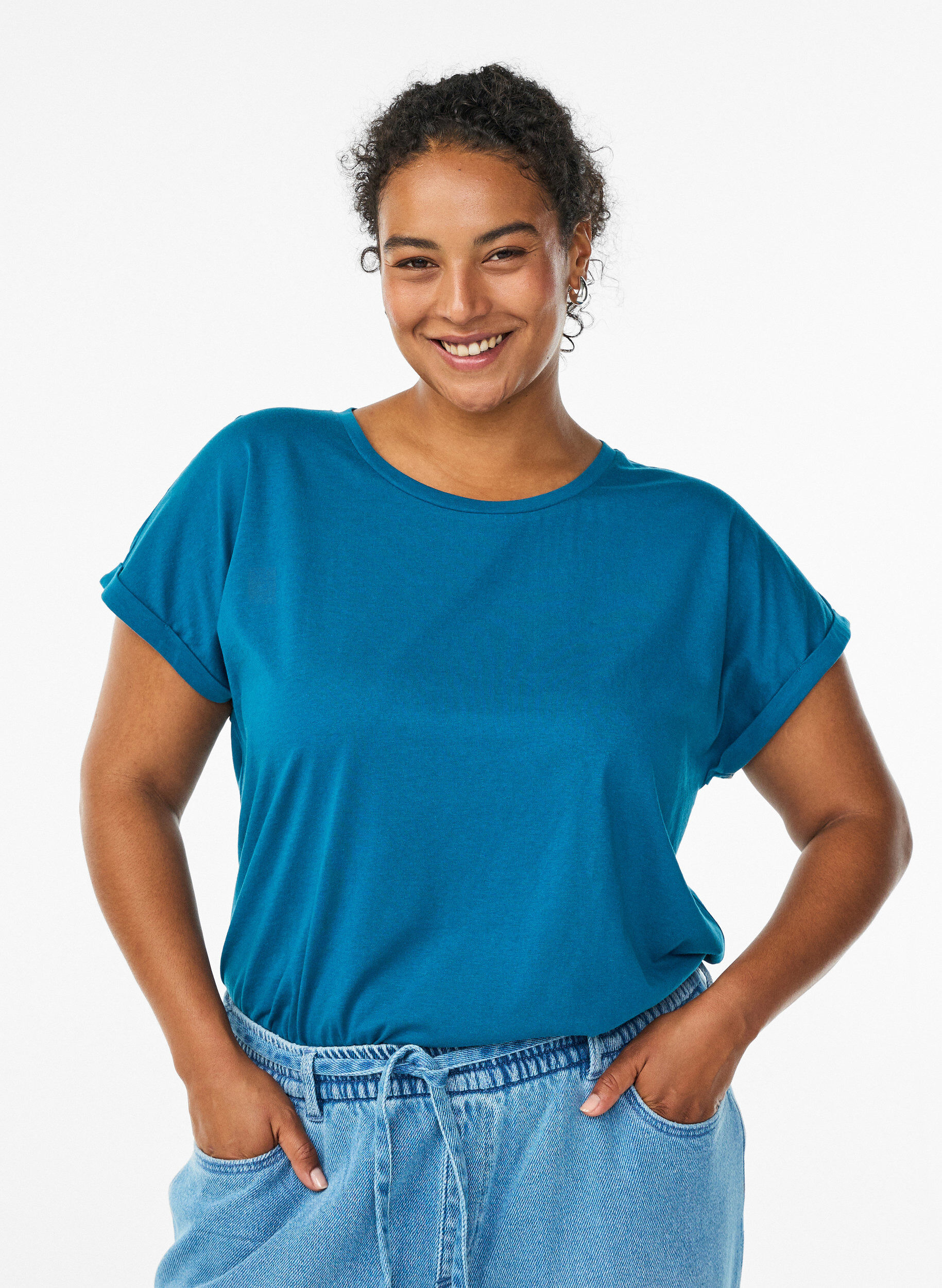 Zizzi T-shirt met korte mouwen van katoenmix, Blauw, Model image number 0