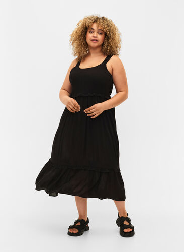 Viscose midi-jurk met smok, Black, Model image number 0