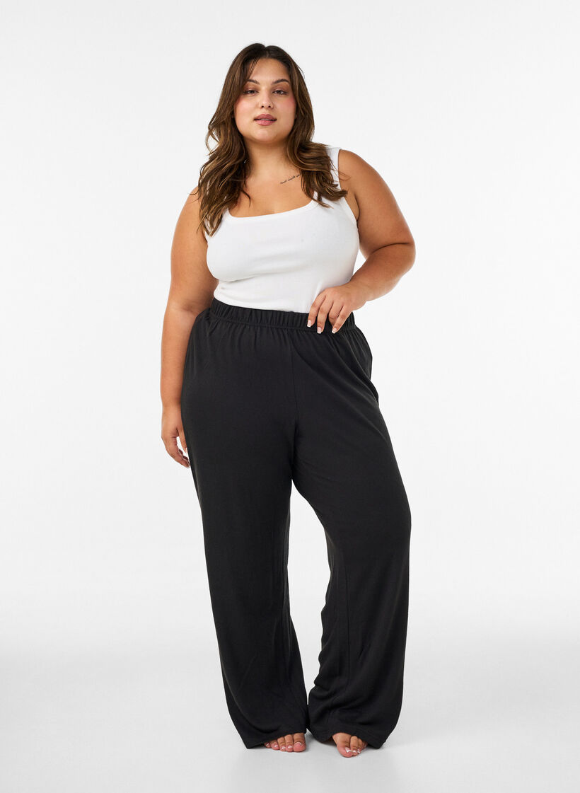 High waist jerseybroek met wijde pijpen, Zwart, Model image number 1