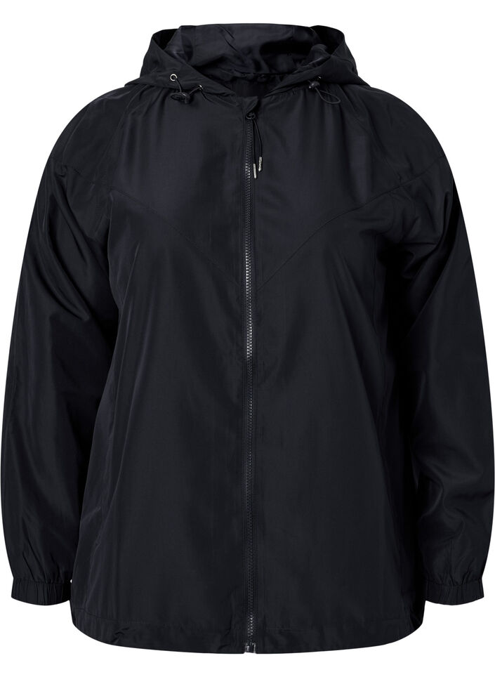 Korte jas met capuchon en verstelbare onderkant, Black, Packshot image number 0