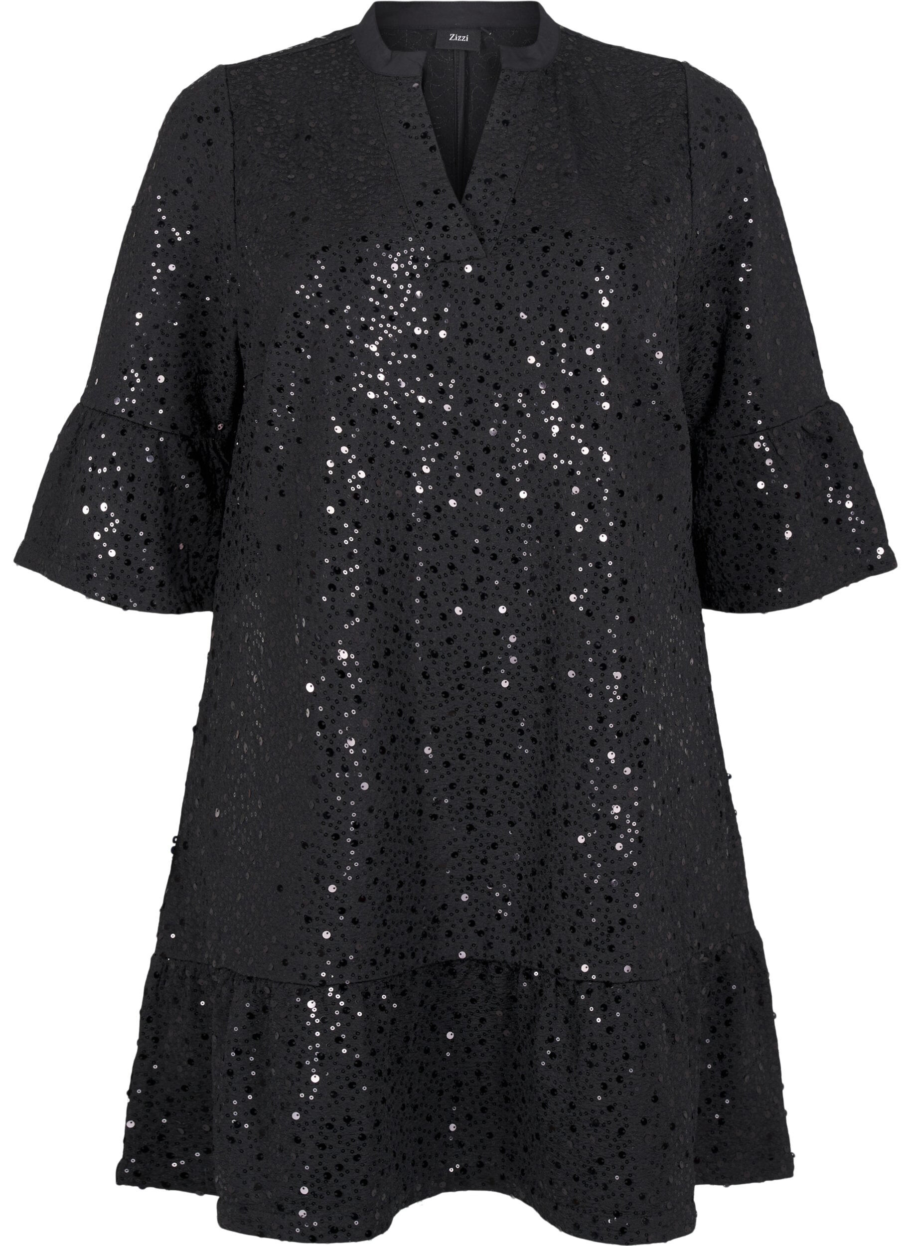 Zizzi Paillettenjurk met V-hals en 3/4 mouwen, Black w. Bl. Sequins, Packshot image number 0