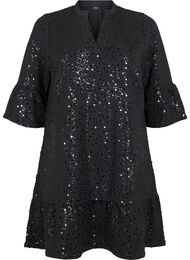Paillettenjurk met V-hals en 3/4 mouwen, Black w. Bl. Sequins