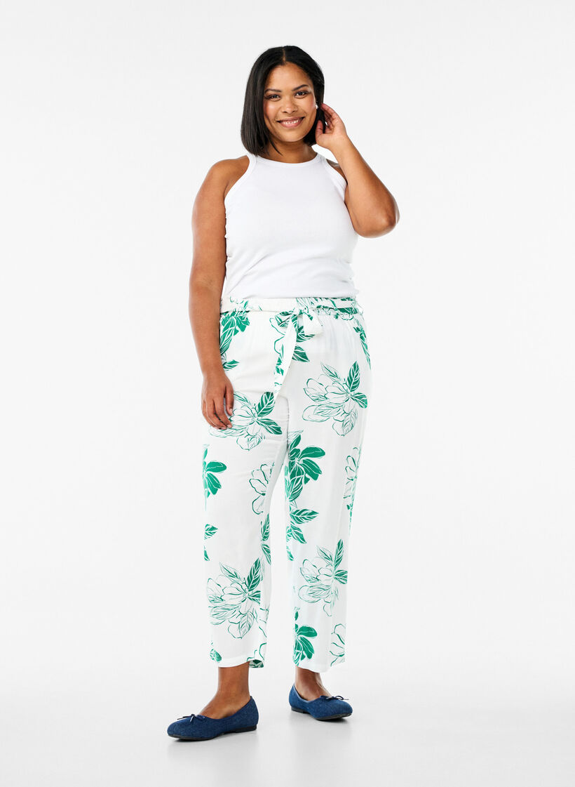 Viscose broek met hoge taille, Groen, Model image number 0