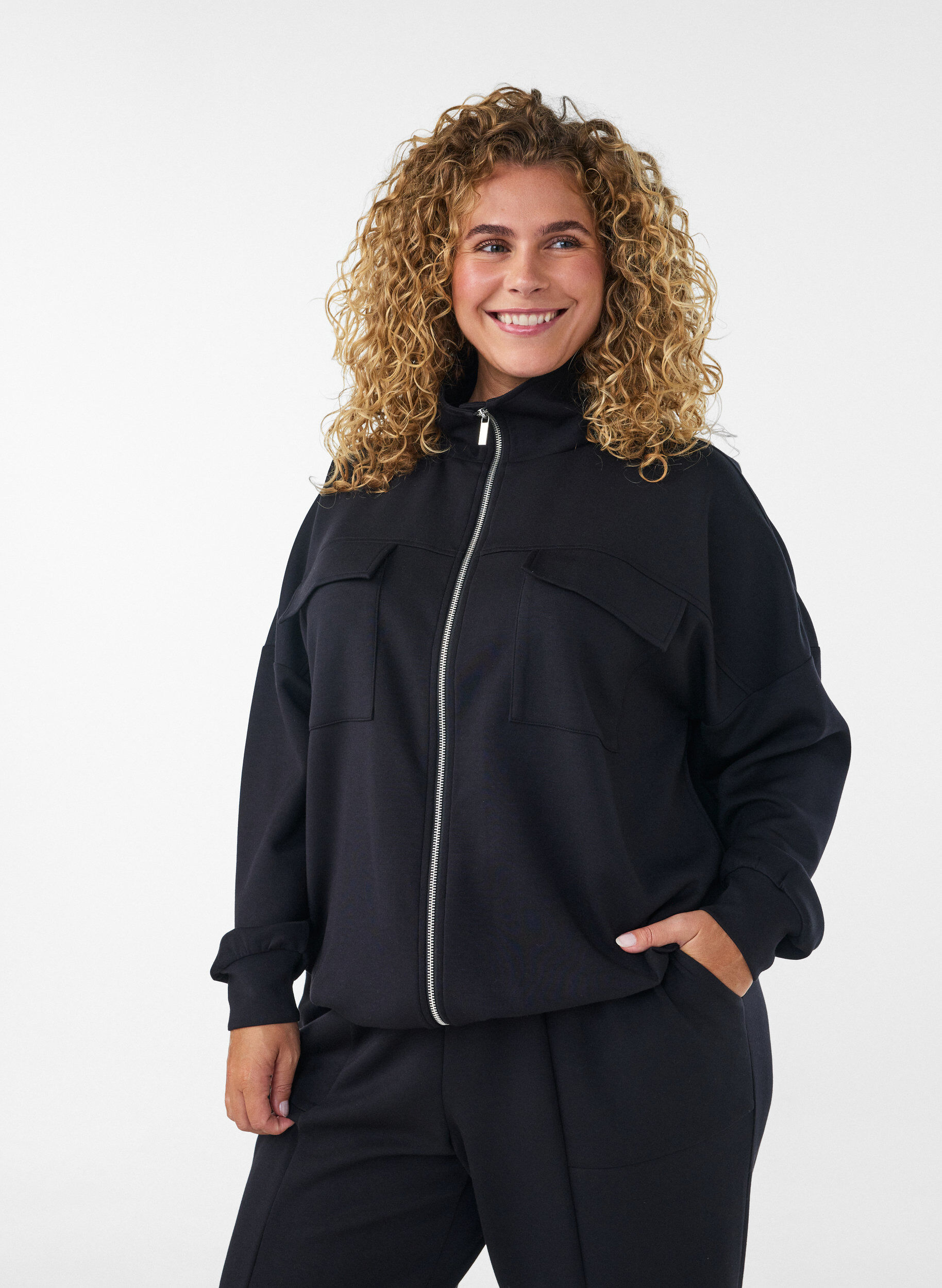 ZizziJersey vest met rits en hoge kraag, Zwart, Model image number 0