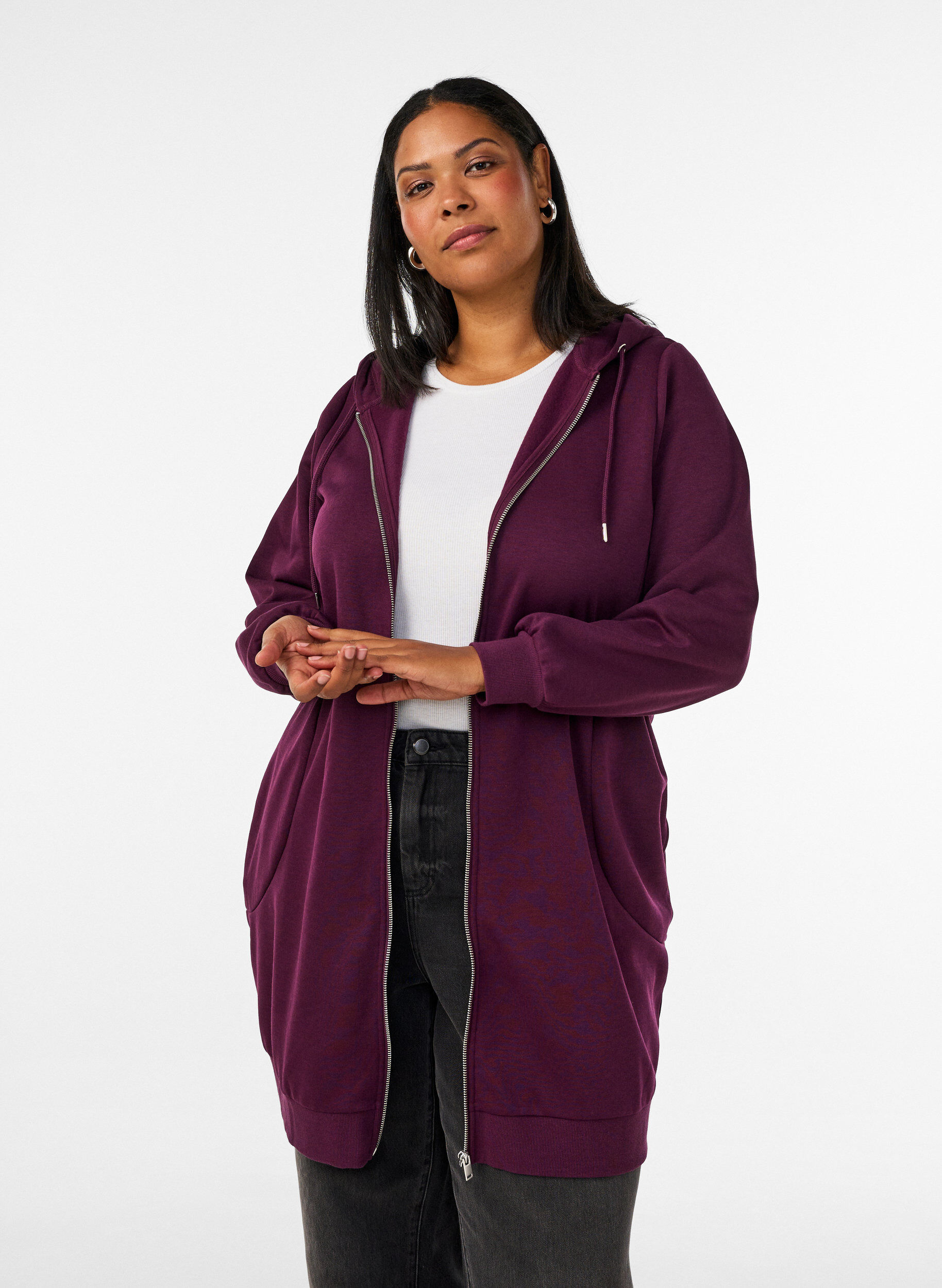 Lange hoodie met ritssluiting en zakken, Paars, Model