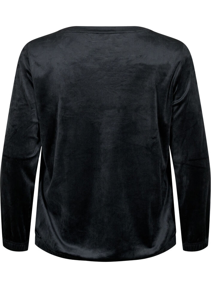 Velour Blouse met geborduurd tekst, Black, Packshot image number 1