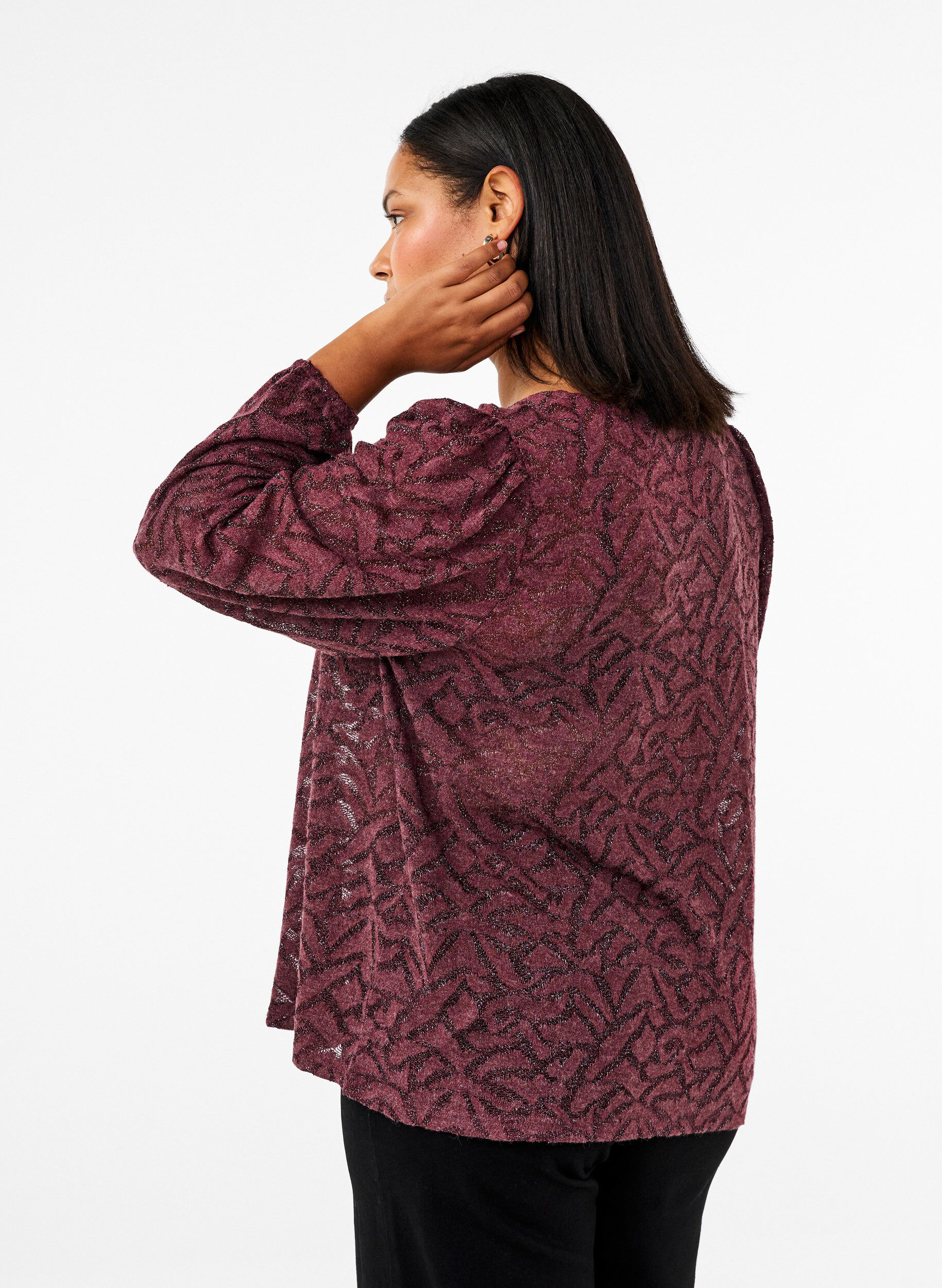 Zizzi Blouse met lange mouwen met glitter en patroon, Rood, Model image number 2