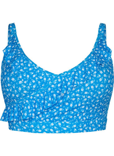 Gebloemde bikinibeha met ruches, Blue Flower Print, Packshot image number 0