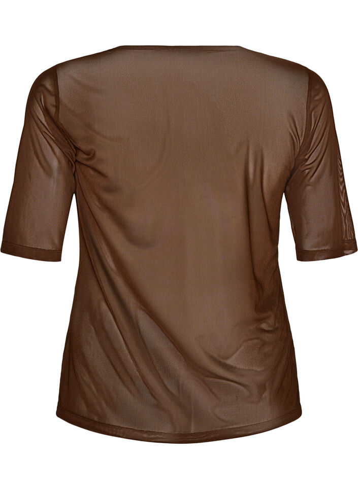 Mesh top met korte mouwen en ronde hals, Bruin, Packshot image number 1