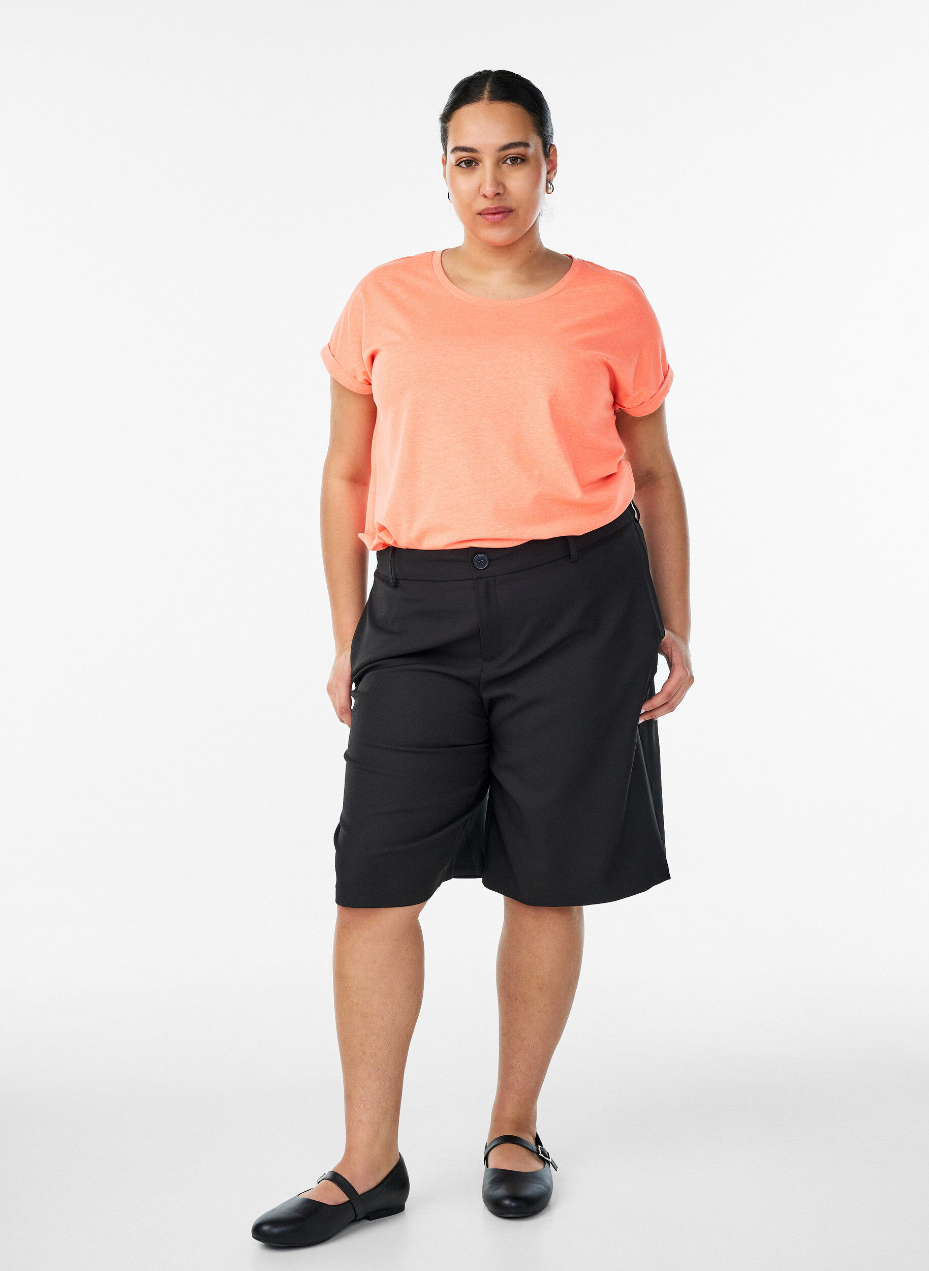 Zizzi T-shirt van katoen in neon kleur, Oranje, Model image number 1