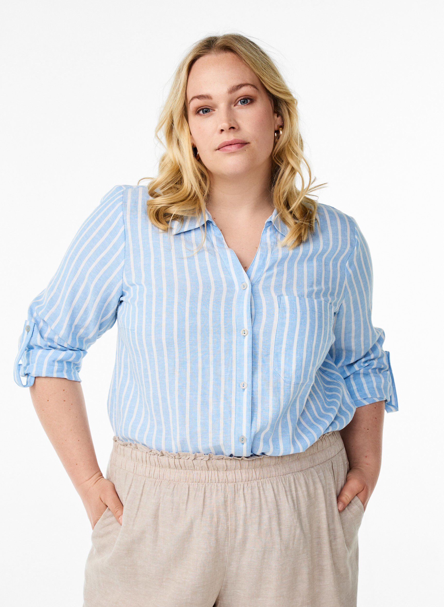 ZizziLinnen en viscose shirt met 3/4 mouwen, Blauw, Model image number 0