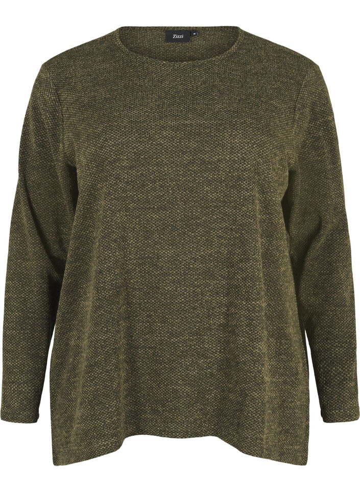 Melange Blouse met een rond halsje en lange mouw, Winter Moss, Packshot image number 0