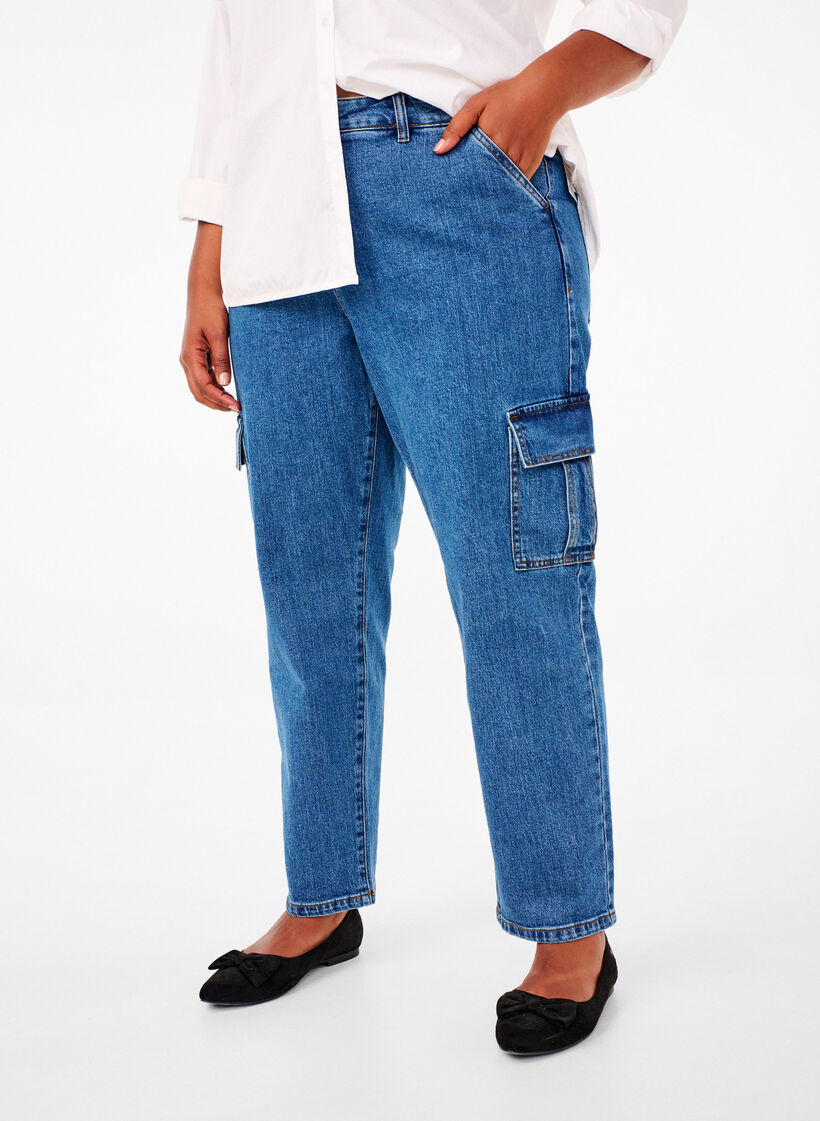 Cargo jeans met hoge taille, Blue Denim, Model image number 2