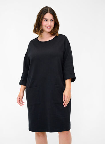 Sweat jurk met 3/4 mouwen en zakken, Black, Model image number 0