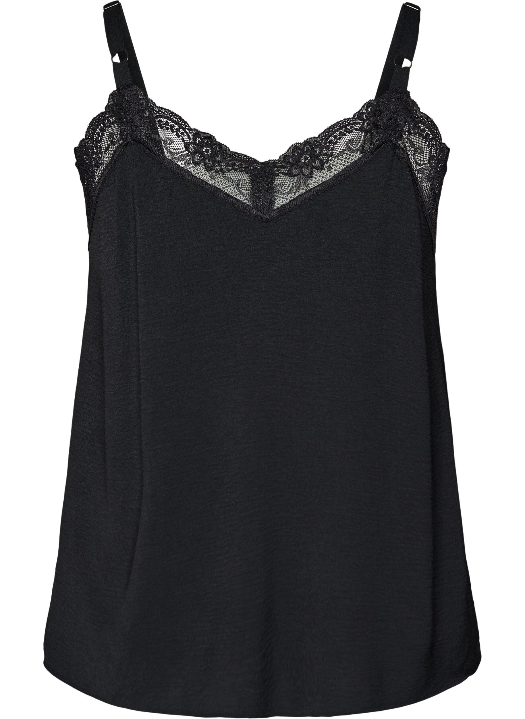 Zizzi Cami top met V-hals en kanten rand, Zwart, Packshot image number 1