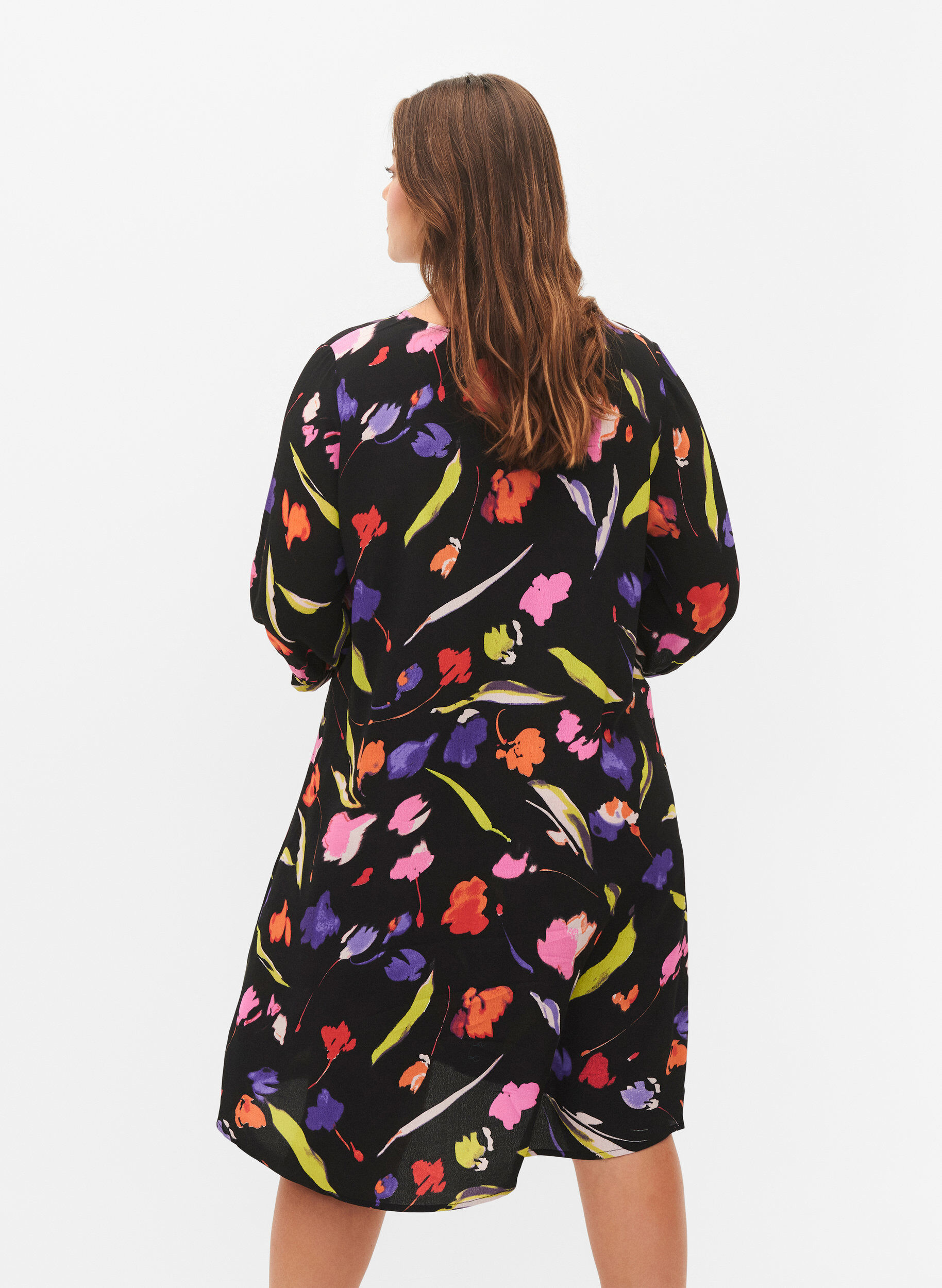 Zizzi Viscose jurk met print en 3/4 mouwen, Faded Tulip AOP, Model image number 1