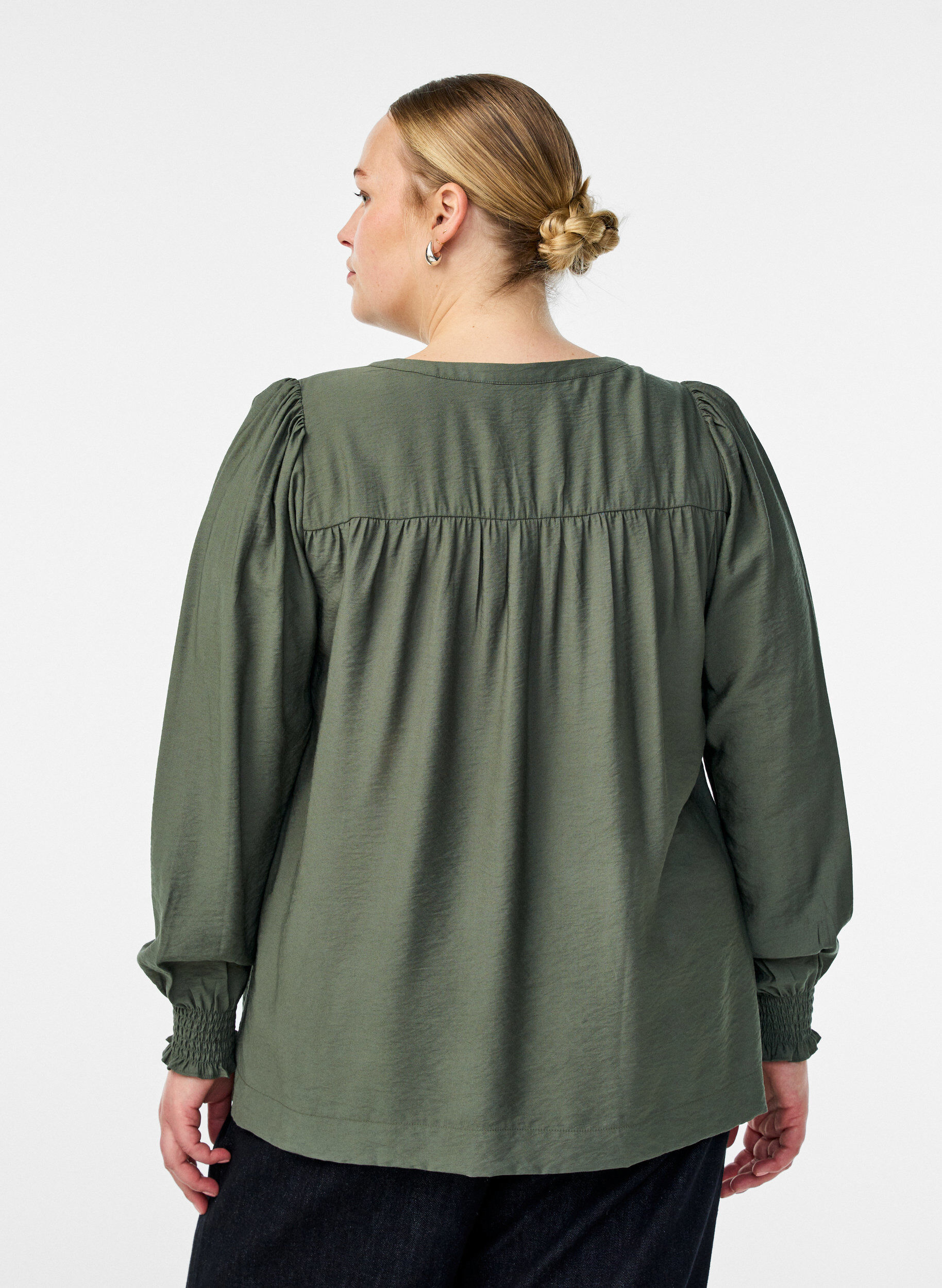 ZizziViscose blouse met smock en geplooide details, Groen, Model image number 2