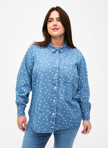Gebloemd denim overhemd met borstzak, Light Blue w.Flowers, Model image number 0