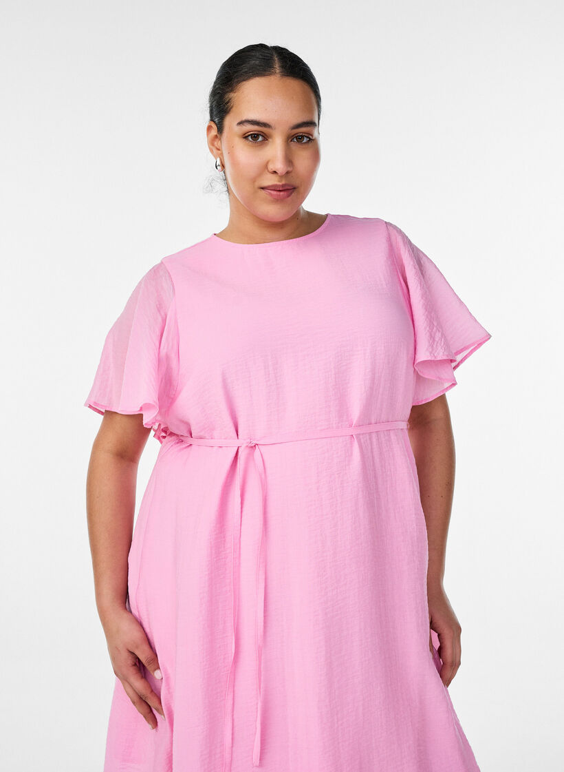 Enkellange jurk met vlindermouwen en strikceintuur, Roze, Model image number 2