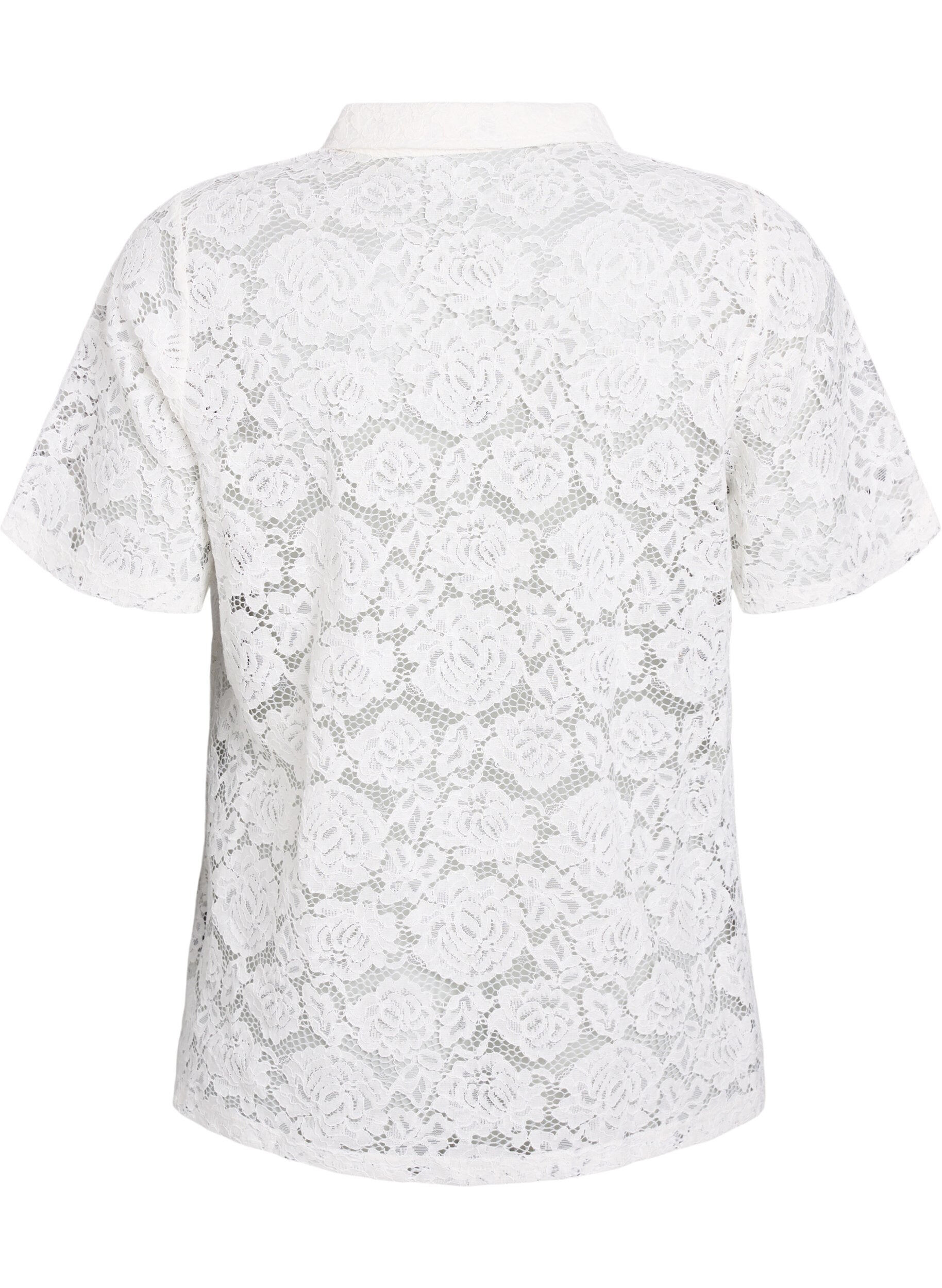 Zizzi Kanten blouse met een kraag en V-hals, Vanille, Packshot image number 1