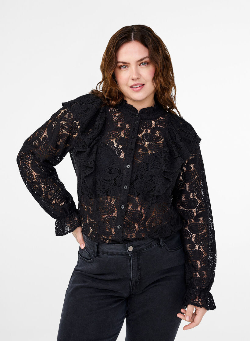 Kanten overhemd-blouse met ruches, Black, Model image number 0