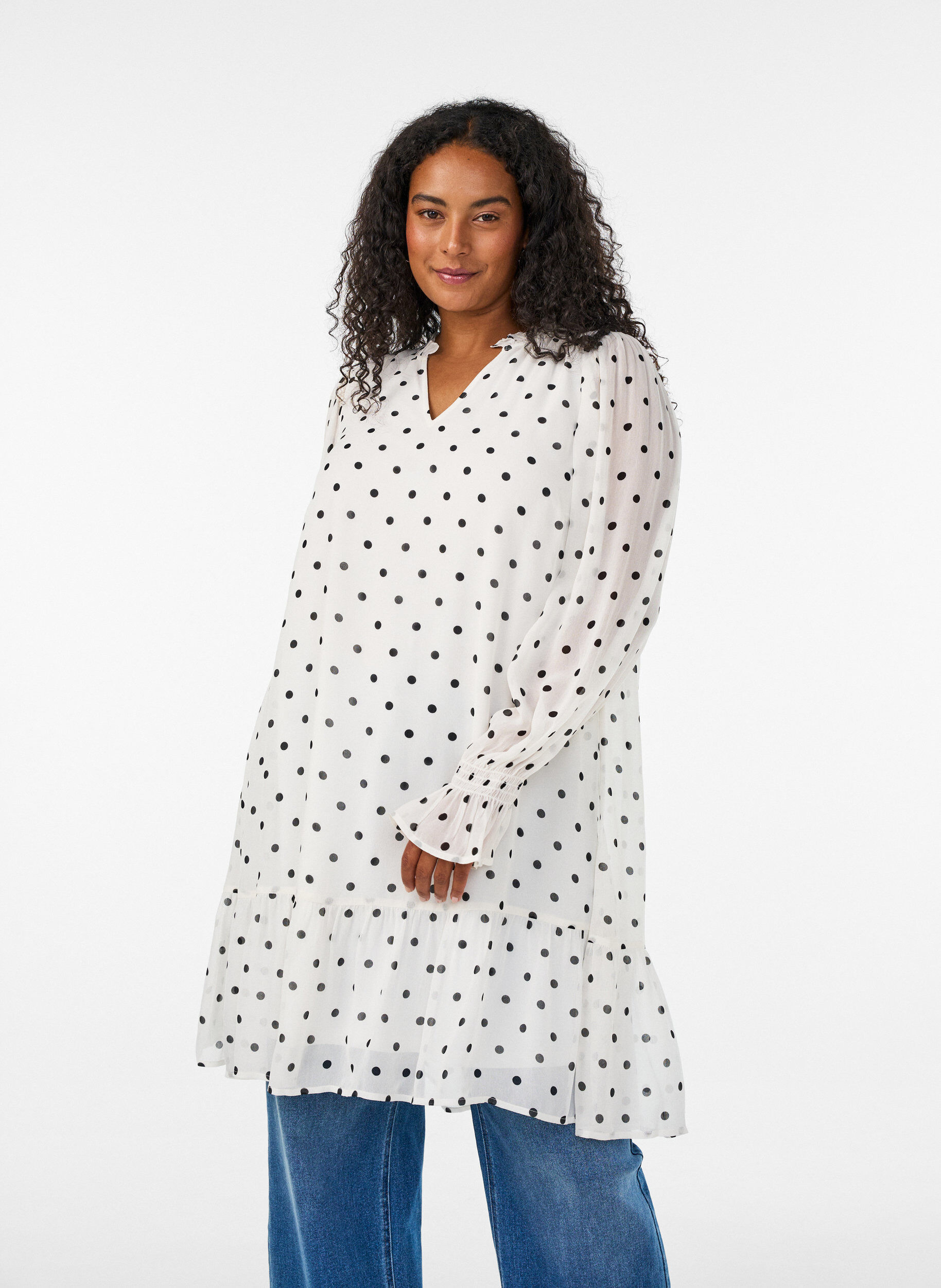 ZizziViscose jurk met ruches en doorschijnende mouwen, Wit, Model image number 0