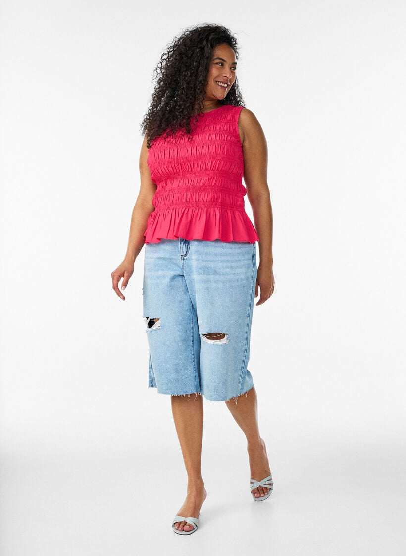 Smocktop met boothals en peplumzoom, Roze, Model image number 1