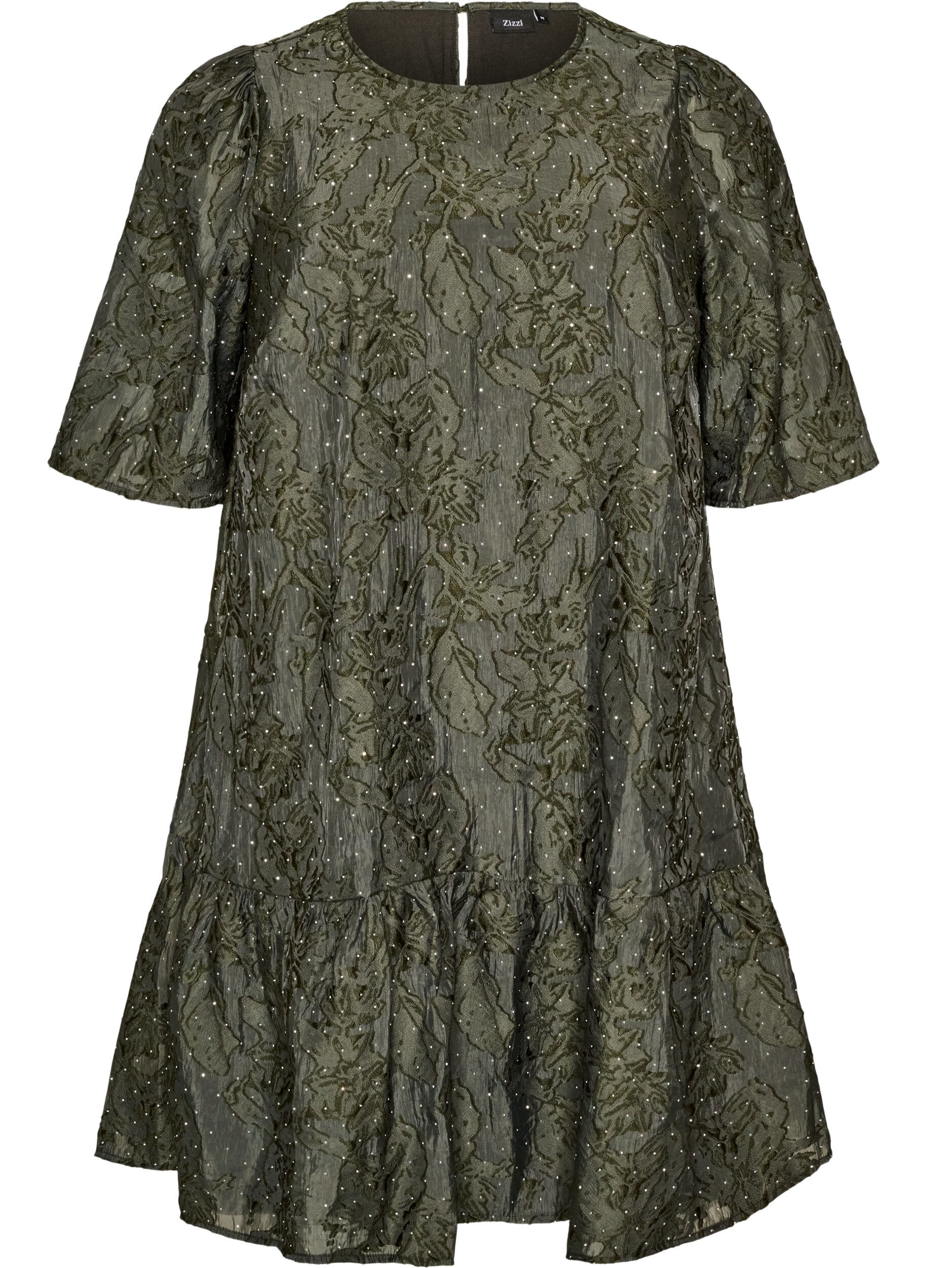 ZizziJacquard jurk met glanzende details en pofmouwen, Groen, Packshot image number 0