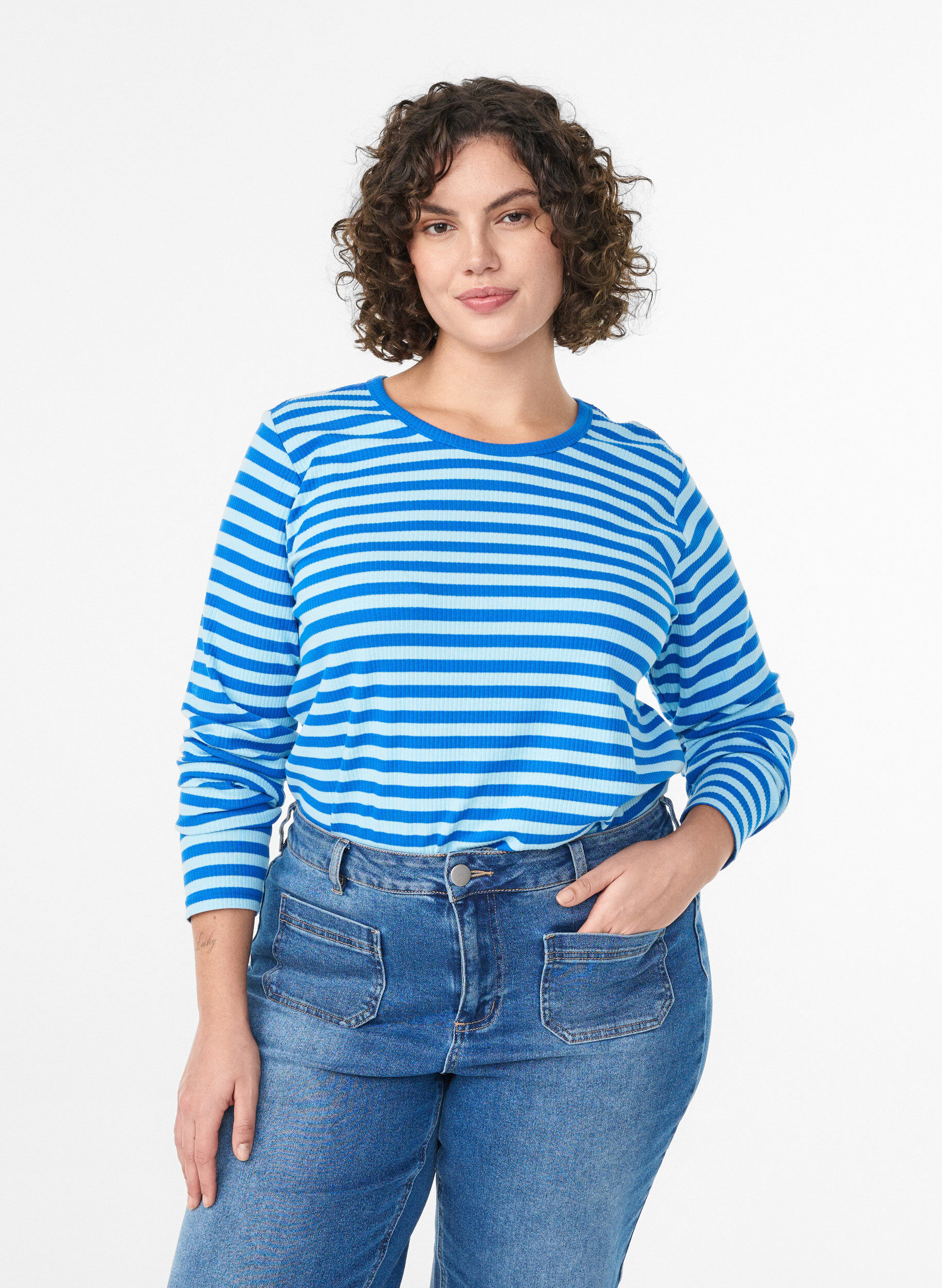 ZizziGestreepte blouse met lange mouwen, Blauw, Model image number 0