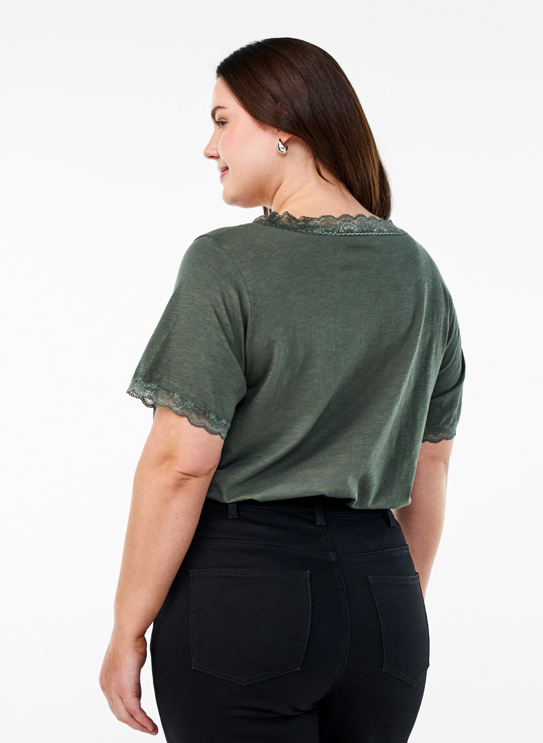 Zizzi T-shirt met kanten rand, Groen, Model image number 2