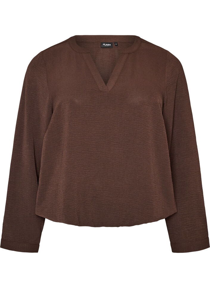 Blouse met ballonsilhouet en V-hals, Bruin, Packshot image number 0