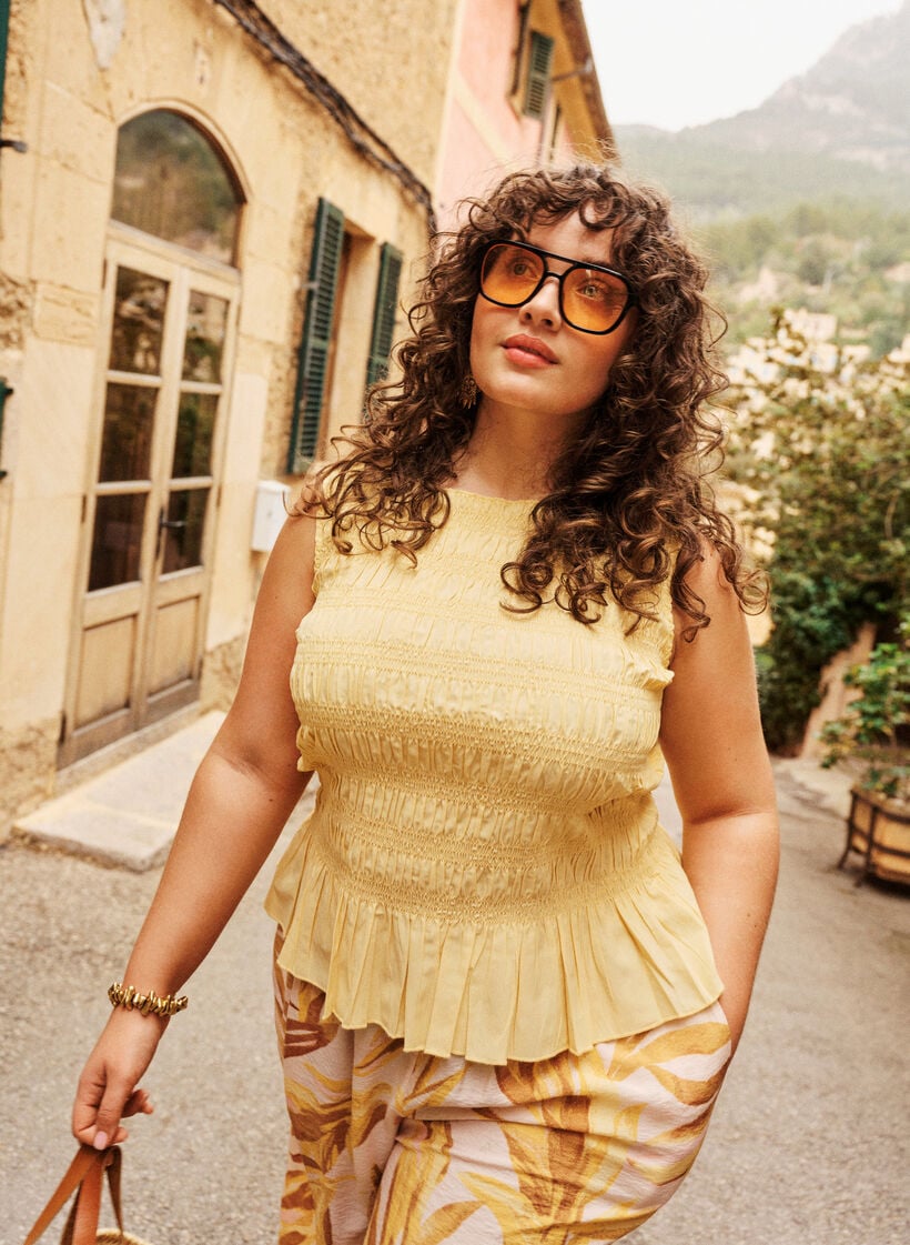 Smocktop met boothals en peplumzoom, Geel, Image image number 0