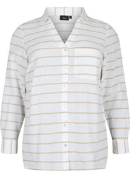 Overhemdblouse met knoopsluiting in katoen-linnen mix, White Taupe Stripe