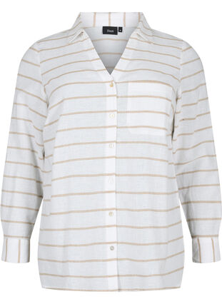 Overhemdblouse met knoopsluiting in katoen-linnen mix, White Taupe Stripe, Packshot image number 0