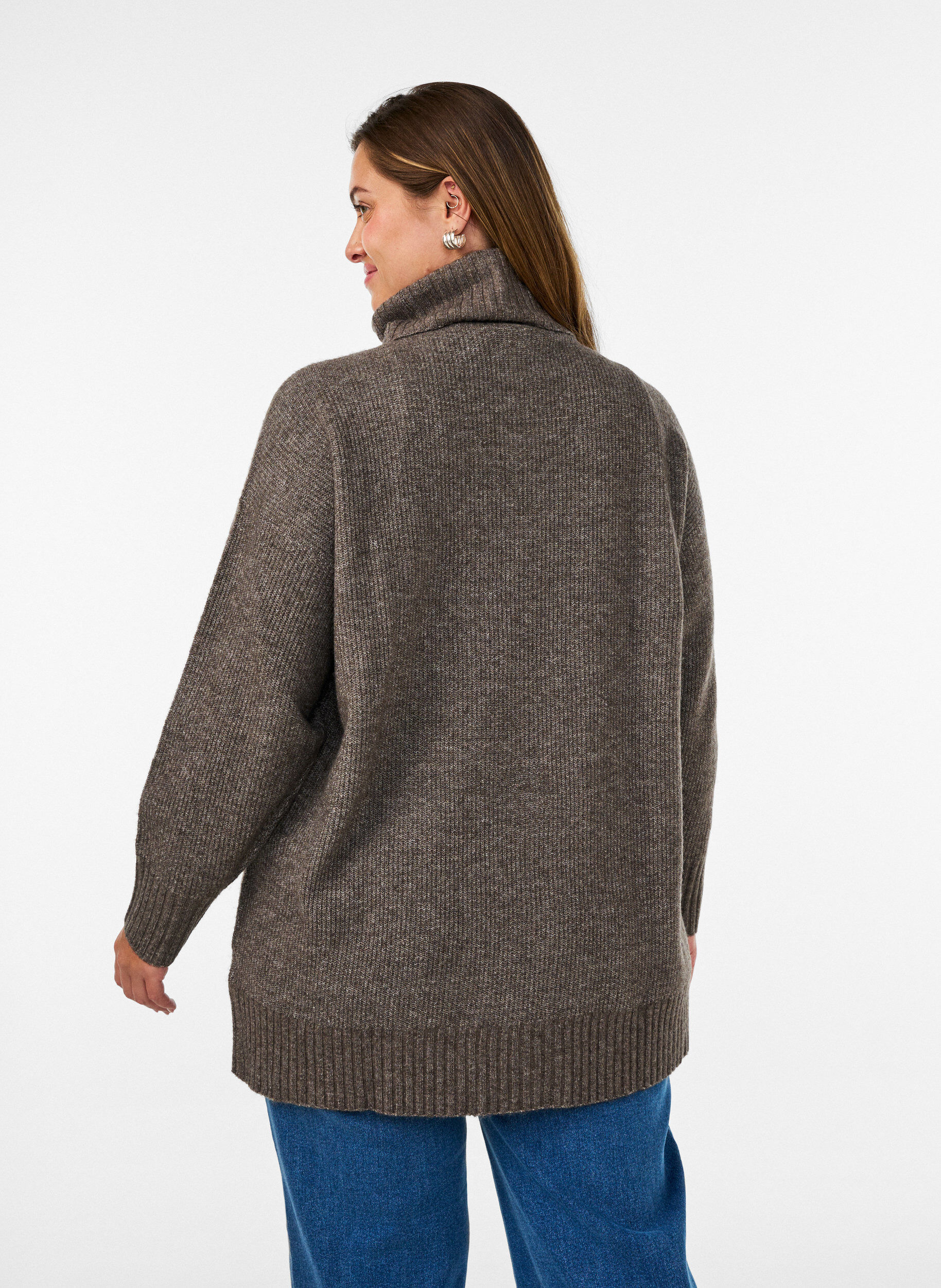 ZizziLosse gebreide trui met coltrui, Bruin, Model image number 2