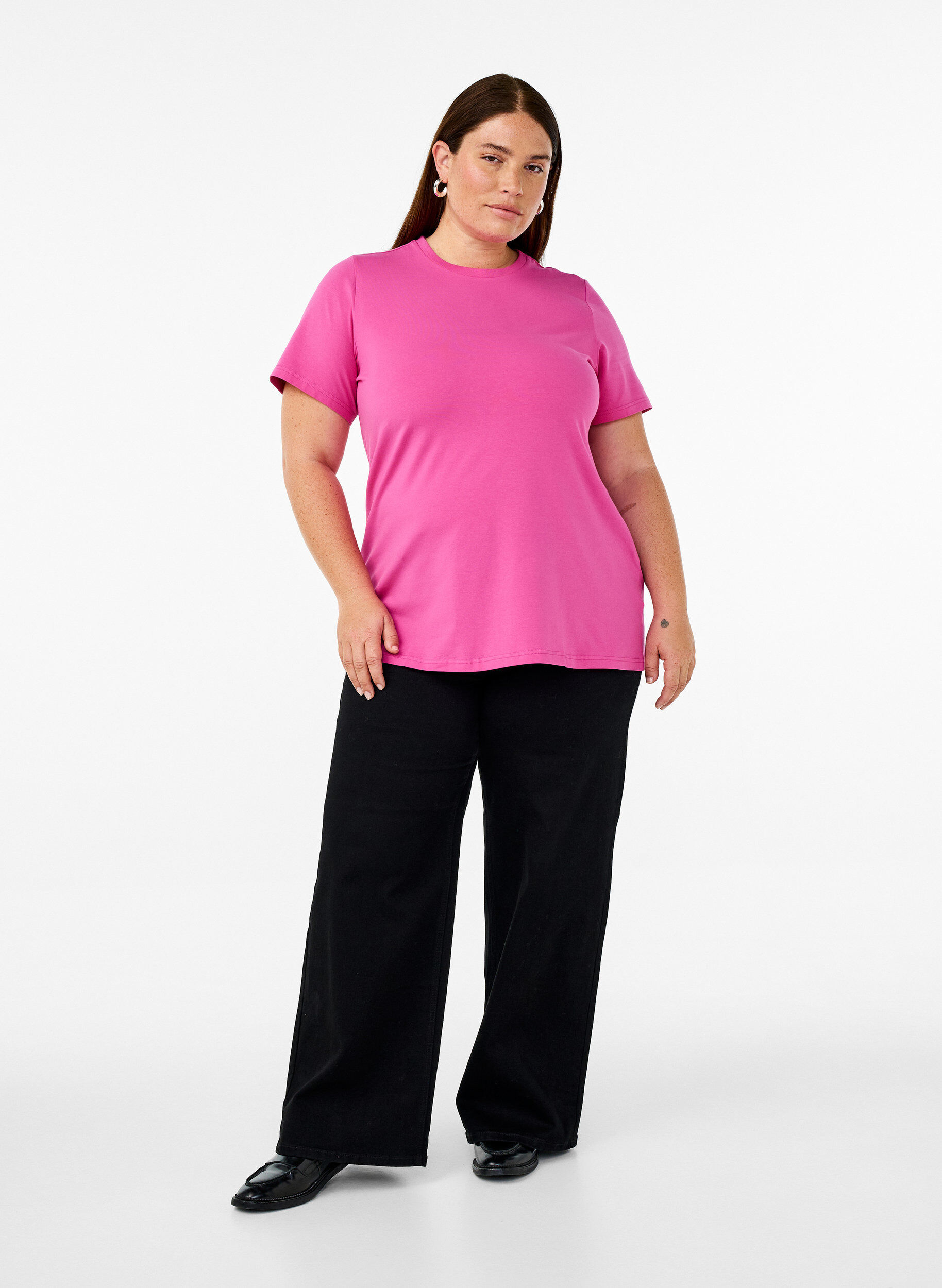 Zizzi T-shirt in biologisch katoen met een ronde hals, Raspberry Rose, Model image number 2