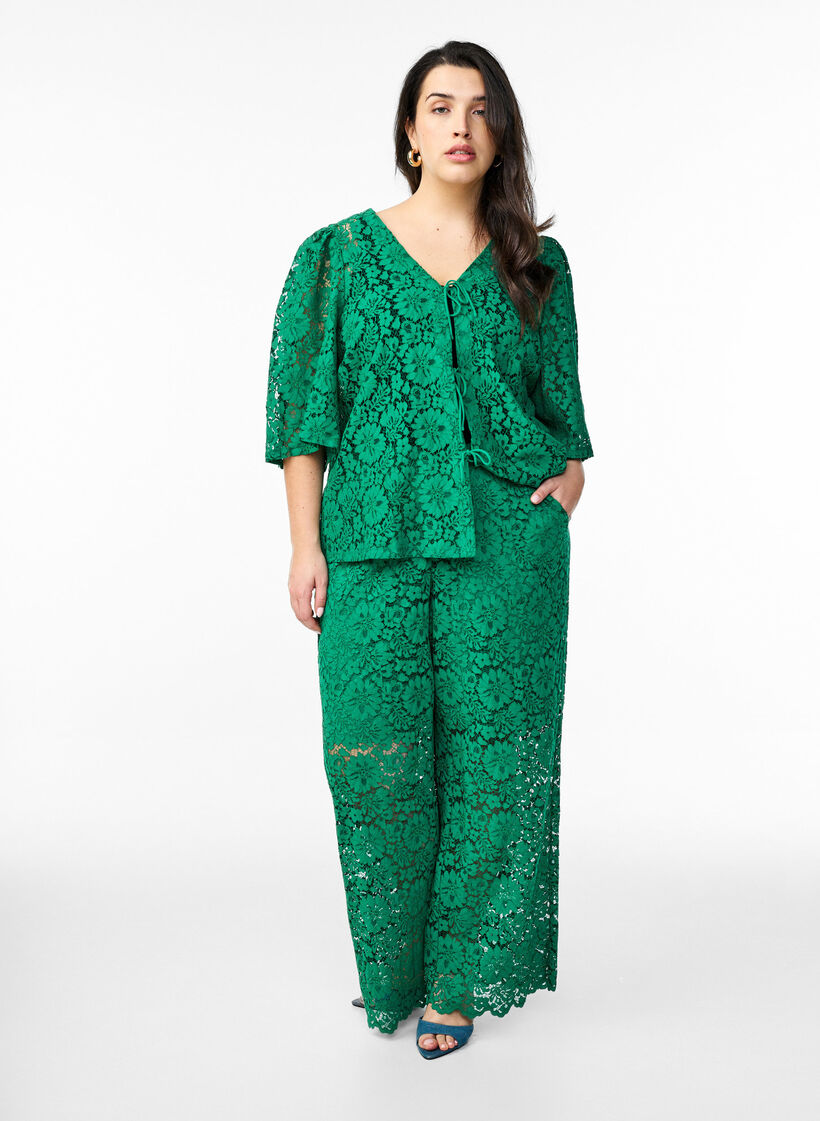 Kanten broek met hoge taille en zakken, Groen, Model image number 0