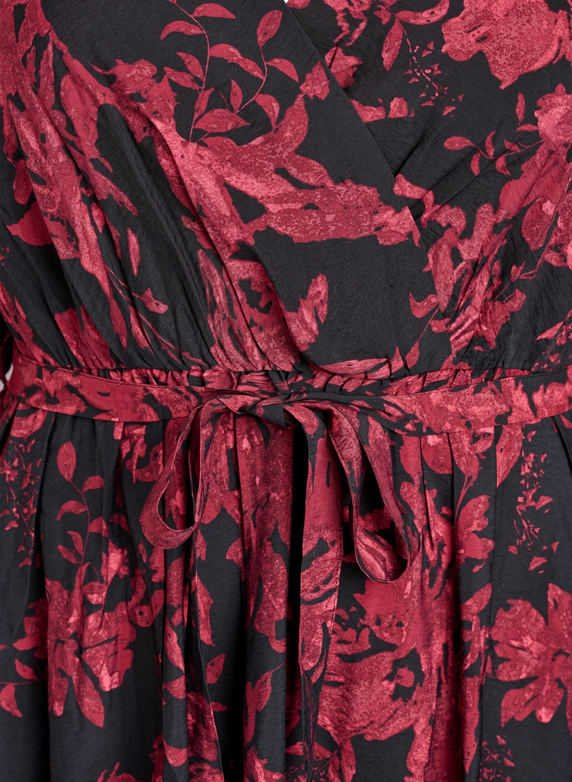 Zizzi Knielange jurk met strikriem en wikkel-look, Zwart, Packshot image number 2