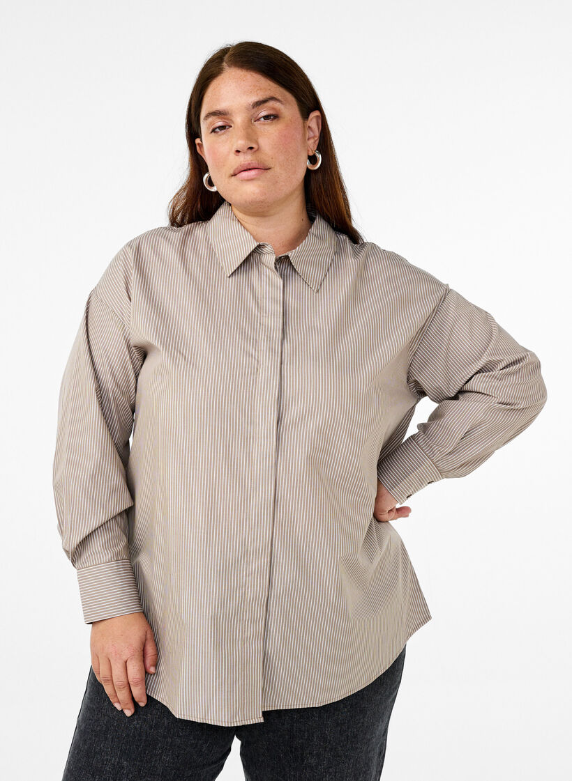 Losse shirt met lange mouwen en strepen, Bruin, Model image number 0