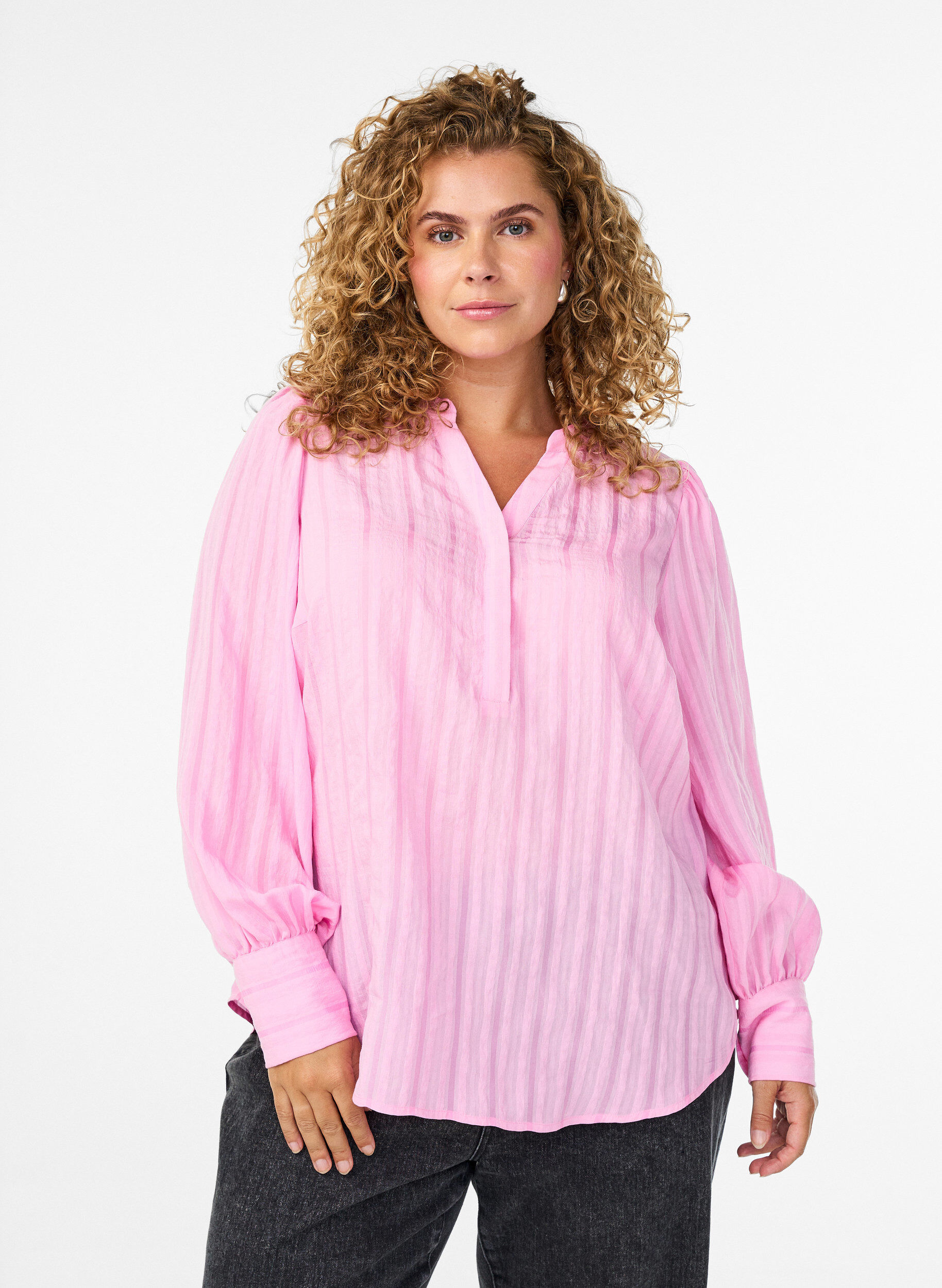 Zizzi Blouse met verticale strepen, Roze, Model image number 0