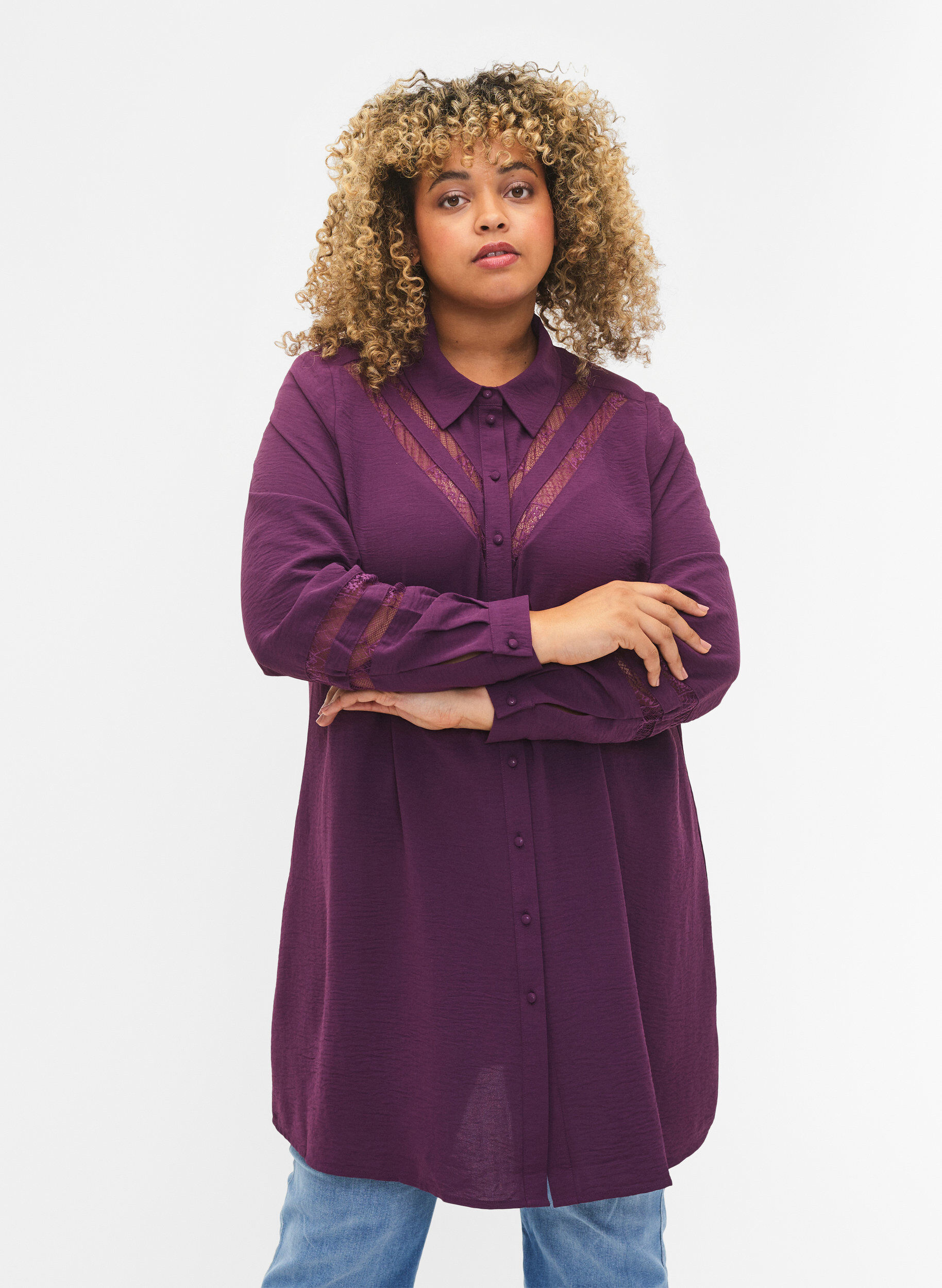 Zizzi Lang shirt met kanten details, Deep Purple, Model image number 0