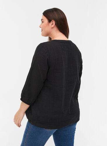 Katoenen blouse met knopen en 3/4-mouwen, Black, Model image number 1