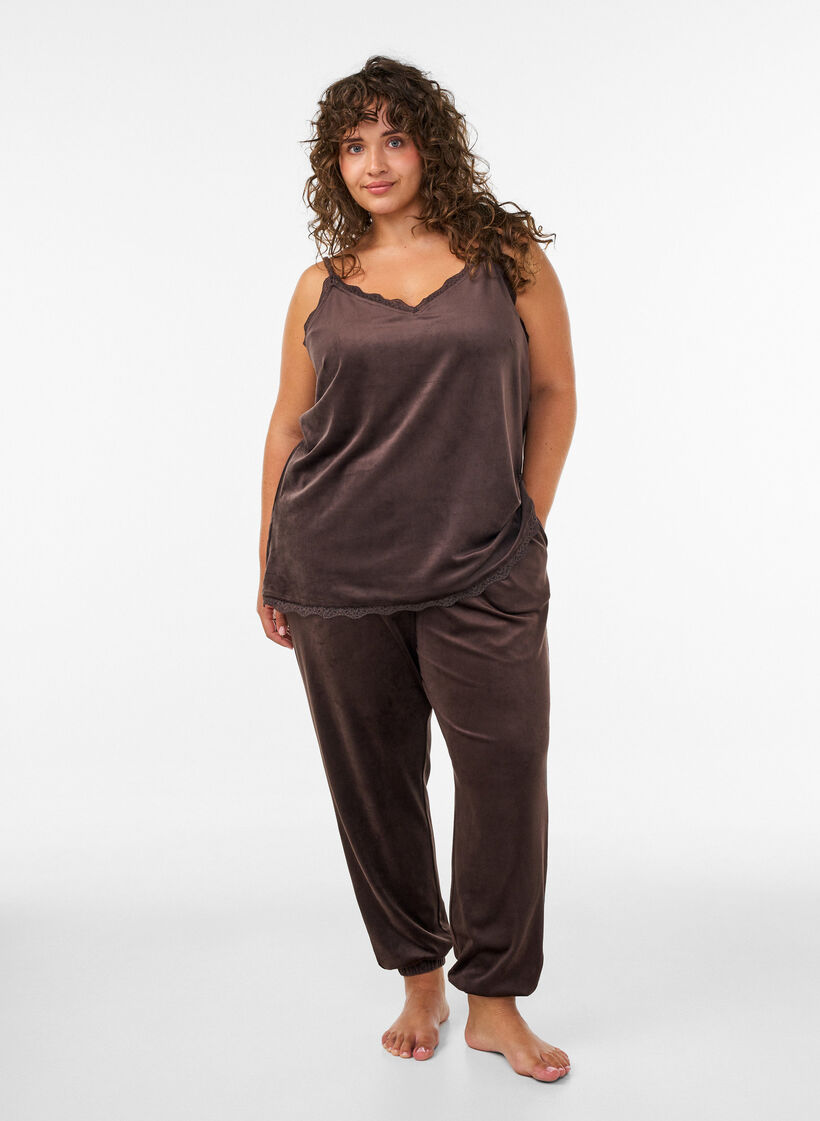 Velour top met kanten rand, Bruin, Model image number 1