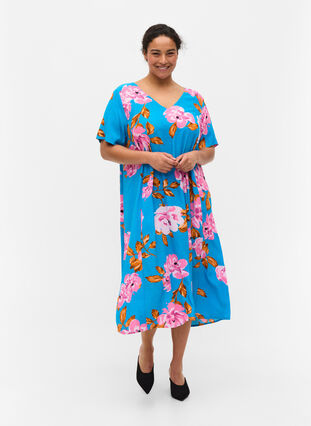 Viscose midi-jurk met bloemenprint, Blue Pink Flower, Model image number 2