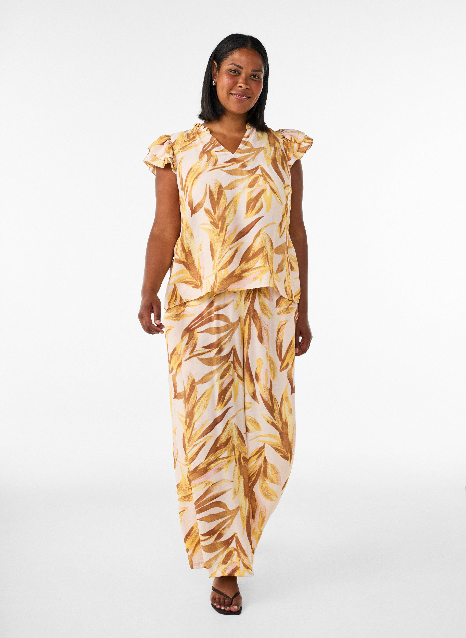 ZizziViscose blouse met bladprint en ruches, Geel, Model image number 1